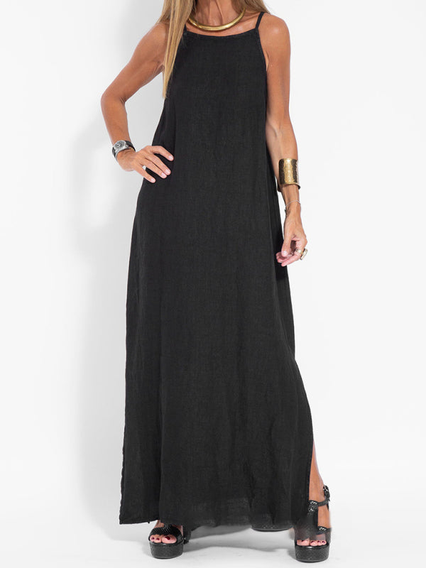 Stilfull halter maxi kjole med dyp sidesplitt. Behagelig bomullslin for kvinner, perfekt som sommerfestkjole.