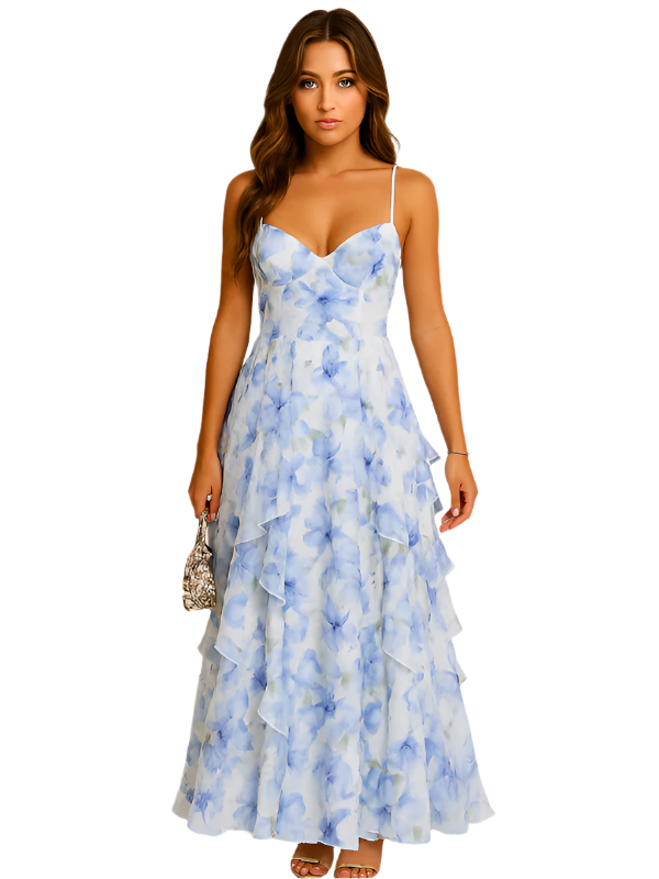 Elegant ruffled blomsterkjole for kvinner, perfekt for sommerdager og festlige anledninger.
