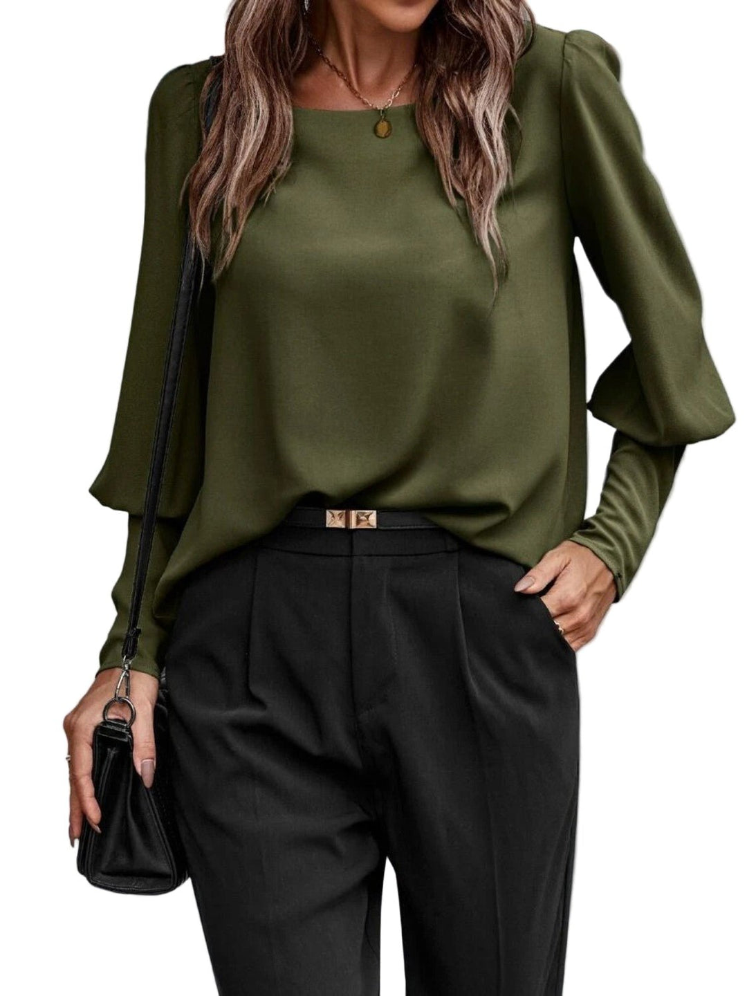 Kvinnebluse med rund hals, moderne lykteermer. Elegant design for vår og sommer. Komfortabel dameklær.