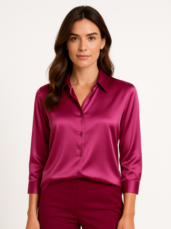 Nærbilde av knappelukking på elegant damebluse. Klassisk topp for kvinner, egnet for kontorbruk.