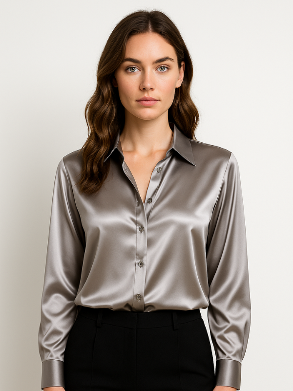 Elegant kvinnebluse med knapper og krage. Perfekt for et stilfullt kontorantrekk eller en chic hverdagslook.