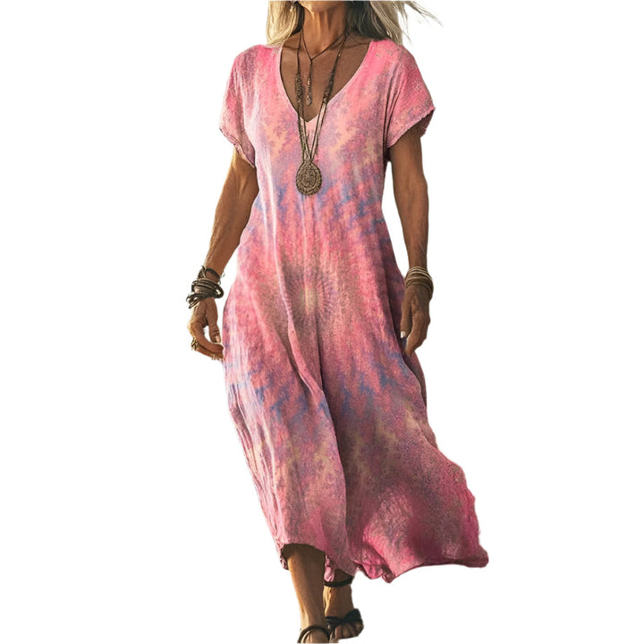 Elegant sommerkjole for kvinner med V-hals, lett og luftig for varme dager. Perfekt sommerantrekk.