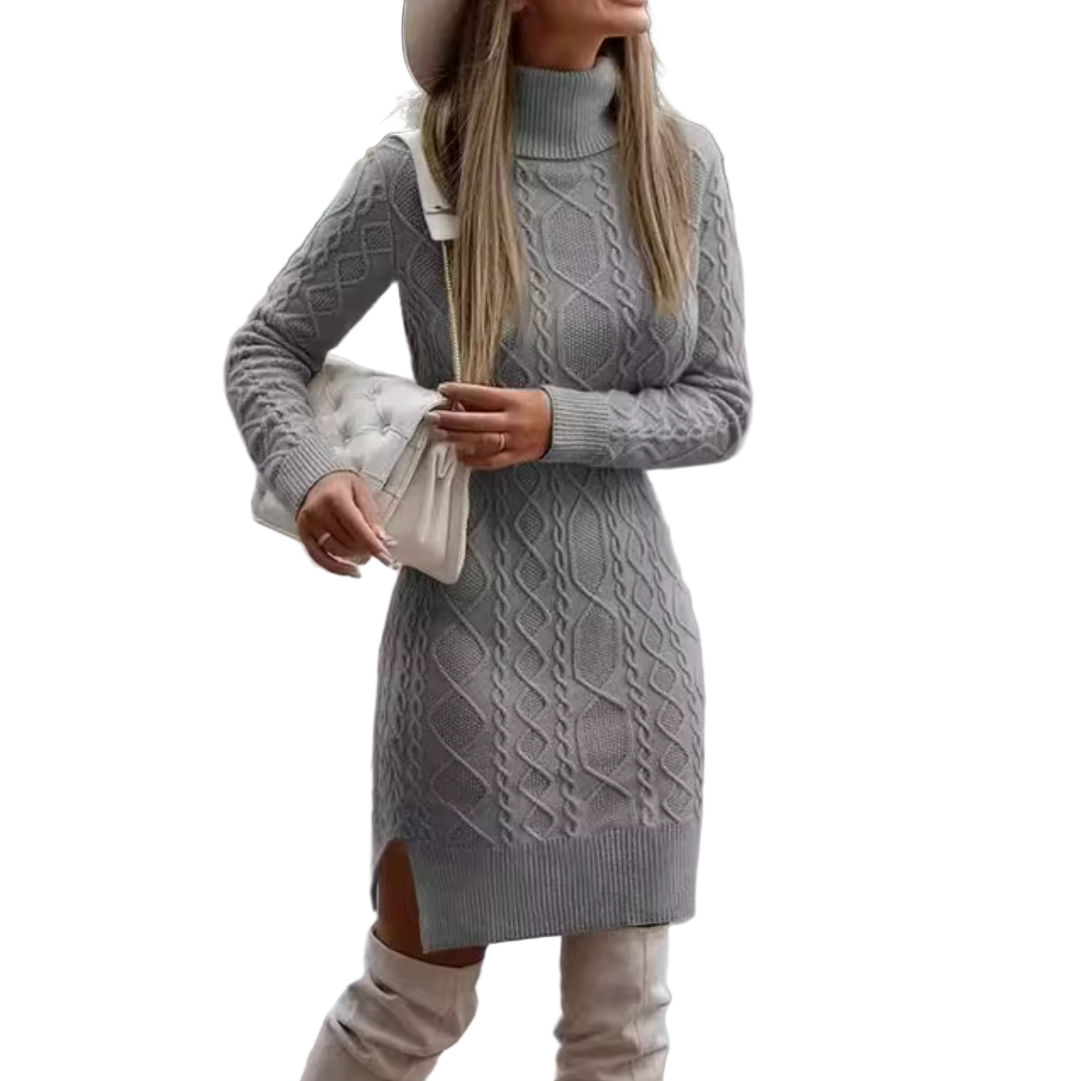 Elegant kabelstrikket midikjole med turtleneck for kvinner, perfekt for høst og vinter.