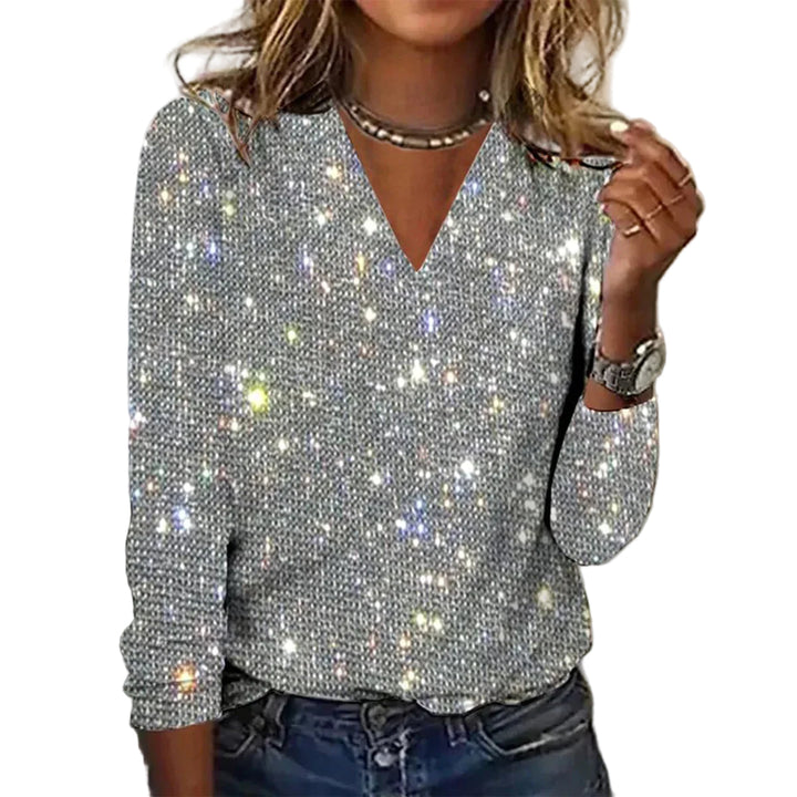 Glitrende V-hals kvinnegenser. Elegant og moderne festgenser med paljetter, perfekt for både hverdag og fest.