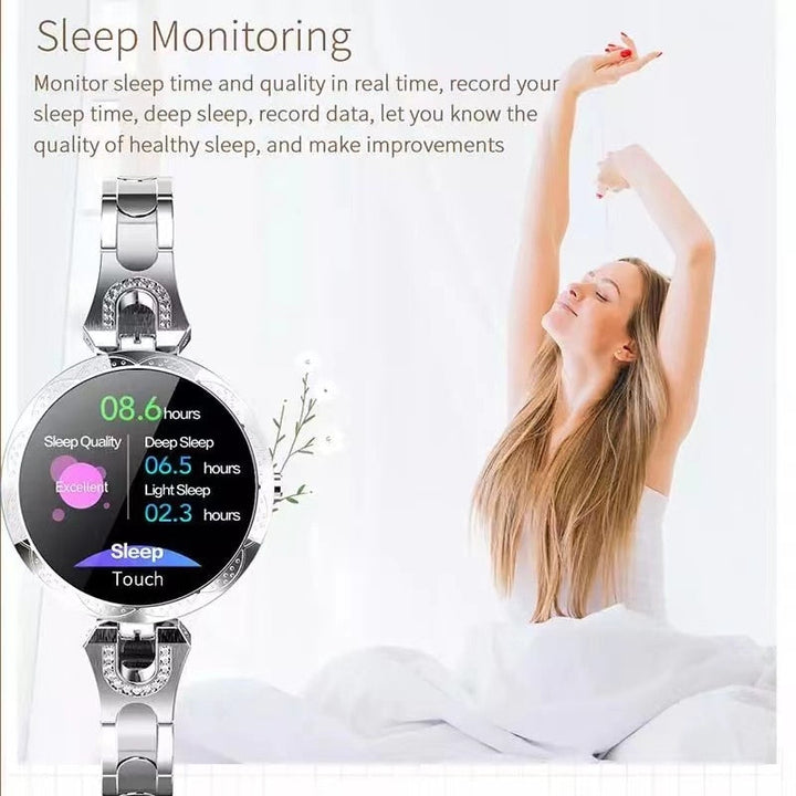 Gull kvinnelig smartklokke. Elegant vanntett treningsklokke med søvnmonitor, pulsmåler og aktivitetstracker.