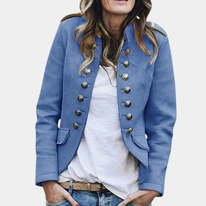 Fashionabel dameblazer med stand-up krage og enkel knapplukking. En allsidig jakke for kvinner til jobb og fritid.