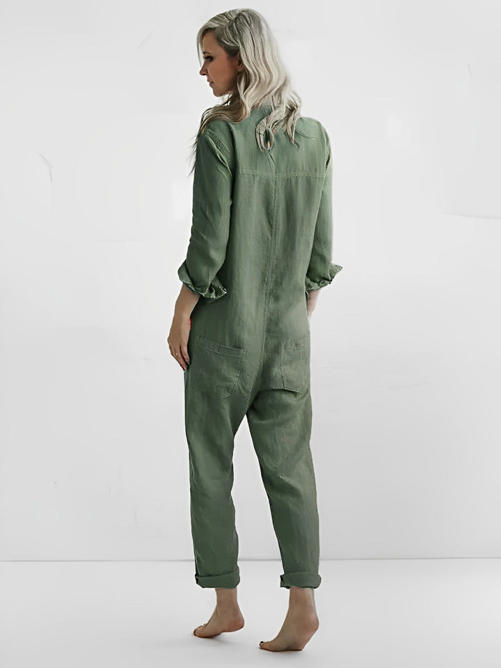 Komfortabel langermet grønn jumpsuit til dame, ideell for våren og allsidig bruk.