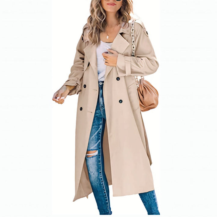 Stilig lang trenchcoat for kvinner. Dobbeltspent vårjakke/høstjakke, allsidig klassisk yttertøy.