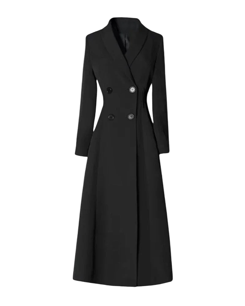 Klassisk lang trenchcoat for kvinner i beige med knapper. Elegant dobbeltspent damefrakk for vår og høst.