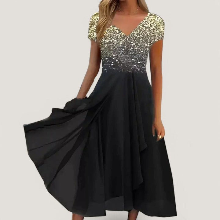 Feminin og elegant blomstret midi kjole med v-hals for kvinner, egnet for både fest og hverdag.