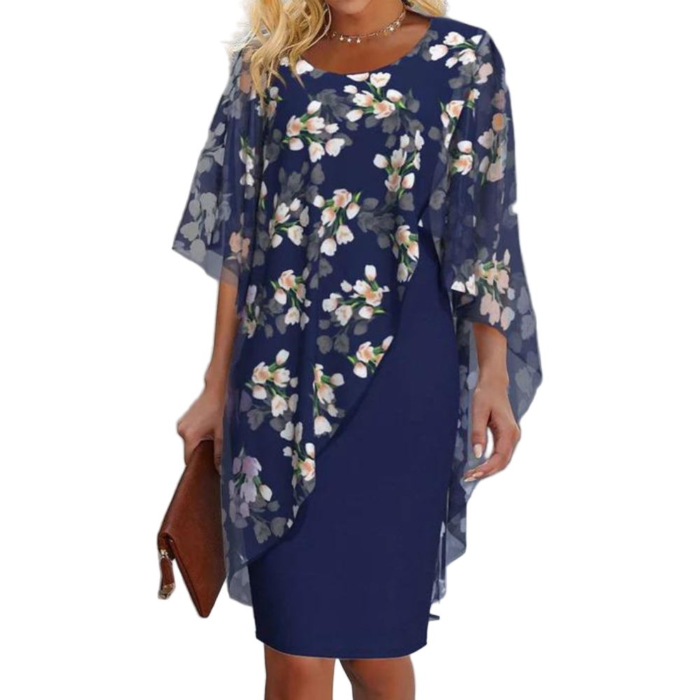 Elegant kvinners tørklædekjole med blomsterprint og korte ermer, perfekt som sommer- eller festkjole.