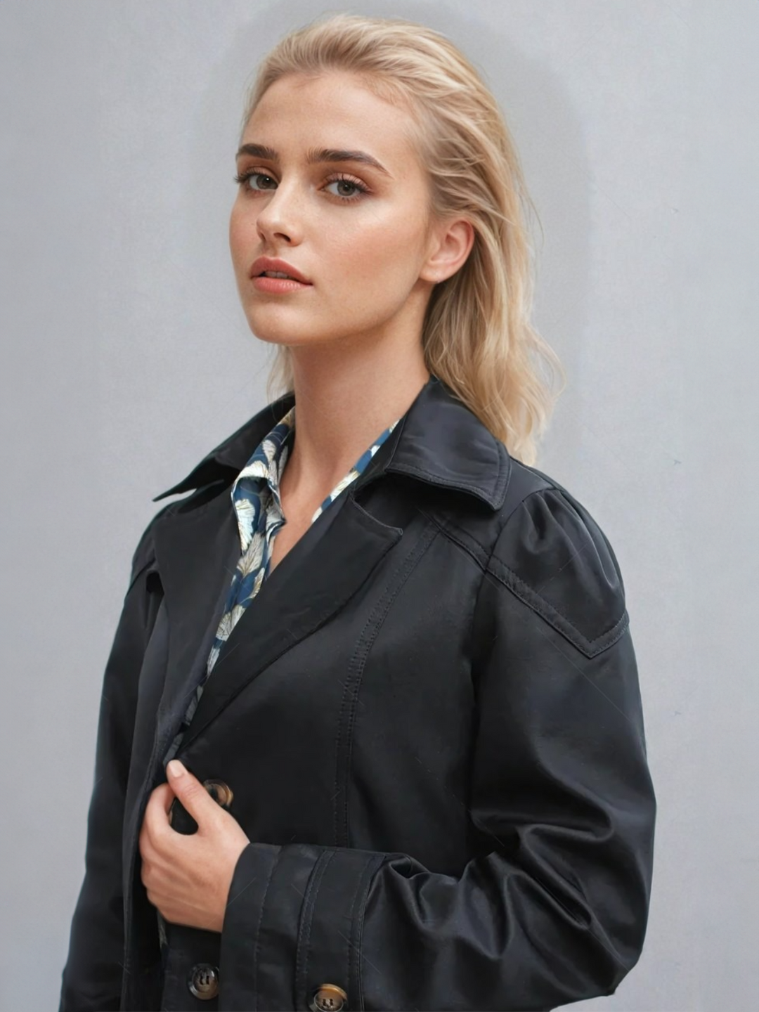 Kvinne iført klassisk trenchcoat med belte, elegant og tidløs. Ideell høstfrakk og vårjakke for allsidig bruk.