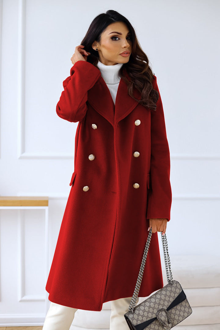 Dobbelsnappet vinterfrakk for kvinner, elegant trenchcoat i langline-stil.