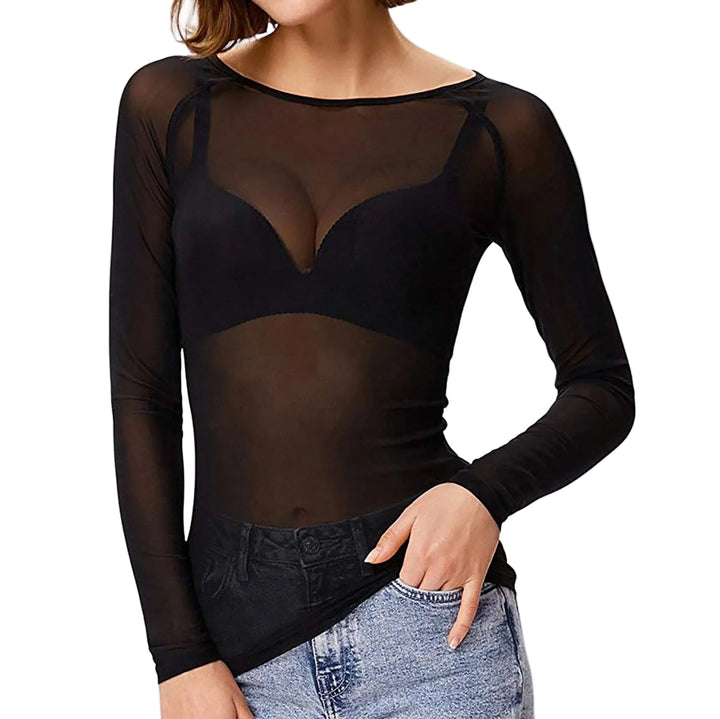 Elegant svart gjennomsiktig langermet topp for kvinner, perfekt for fest og lagdelt stil. Stilfull damebluse.