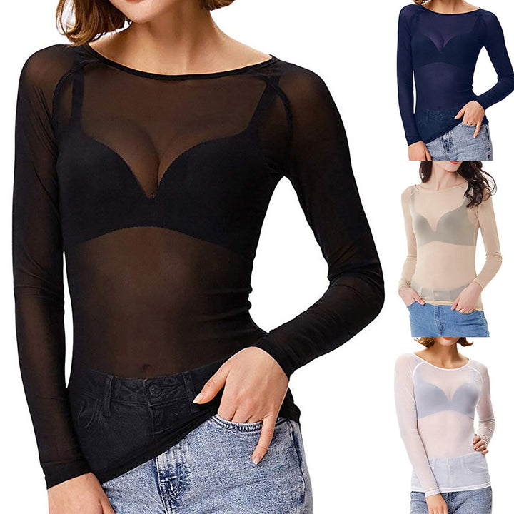 Svart gjennomsiktig langermet bluse for kvinner. Perfekt som elegant festtopp eller moteplagg.