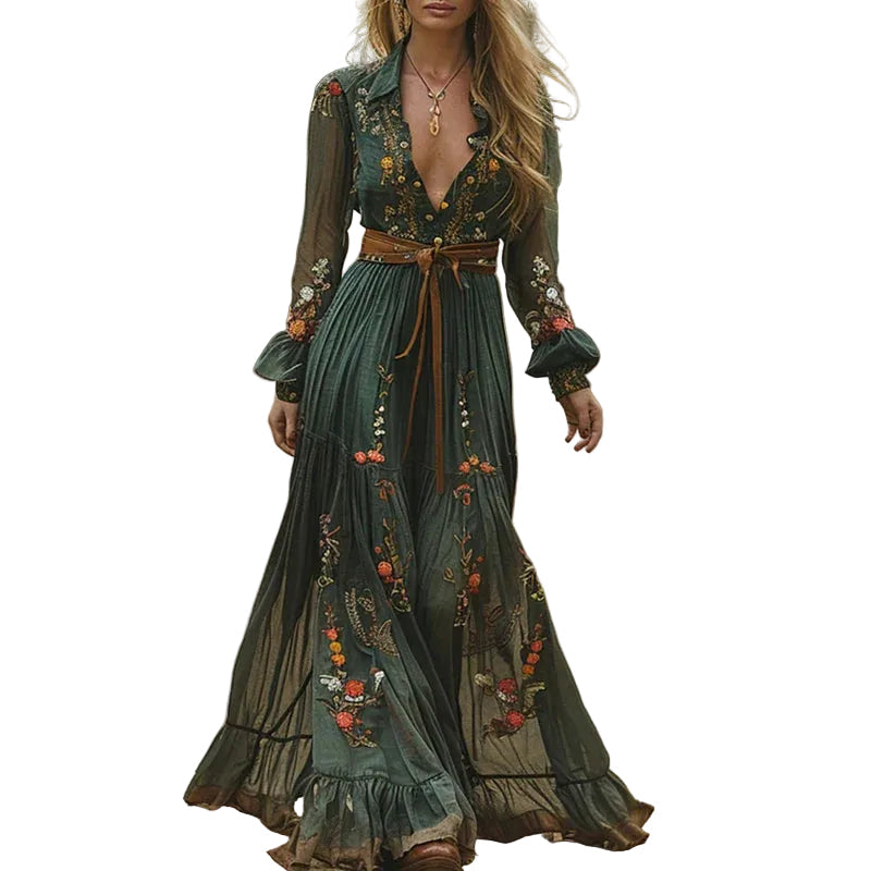 Boho-chic maxikjole for kvinner med grønt og mørkebrunt blomstertrykk, løs passform, perfekt sommerkjole.