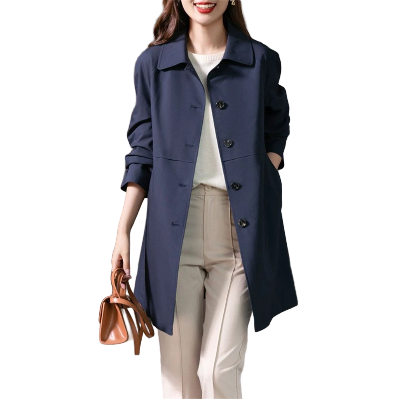 Elegant mørkeblå kvinners trenchcoat i klassisk stil. Perfekt overgangsjakke for vår og høst.