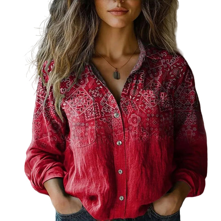 Vintage bohemsk bluse for kvinner med fargerikt mønster, perfekt for vår og sommer. Uformell stil.