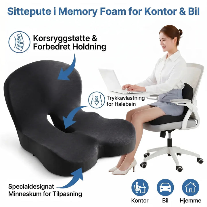 Ergonomisk sittepute med ryggstøtte til bilsete for avlastning og bedre komfort på lange turer.