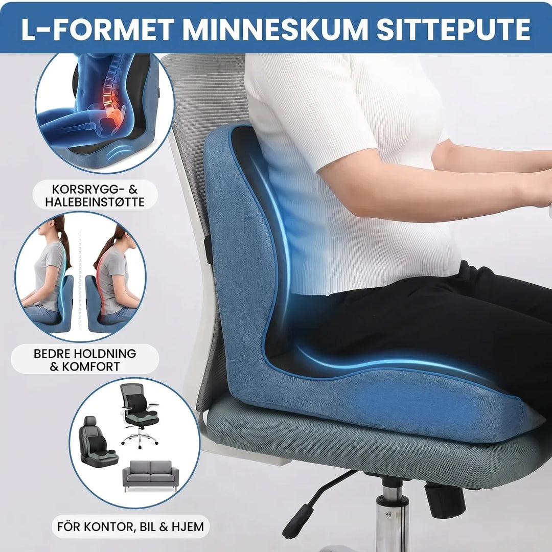 Komfortabel L-formet sittepute med støttende ryggstøtte, perfekt for hjemmekontor og kontorstol.