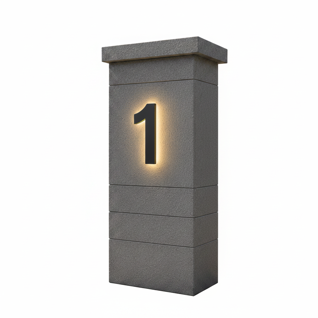 Moderne LED husnummer med hvite tall på svart bakgrunn, montert på grå vegg. Tydelig adresseskilt for inngangsparti.