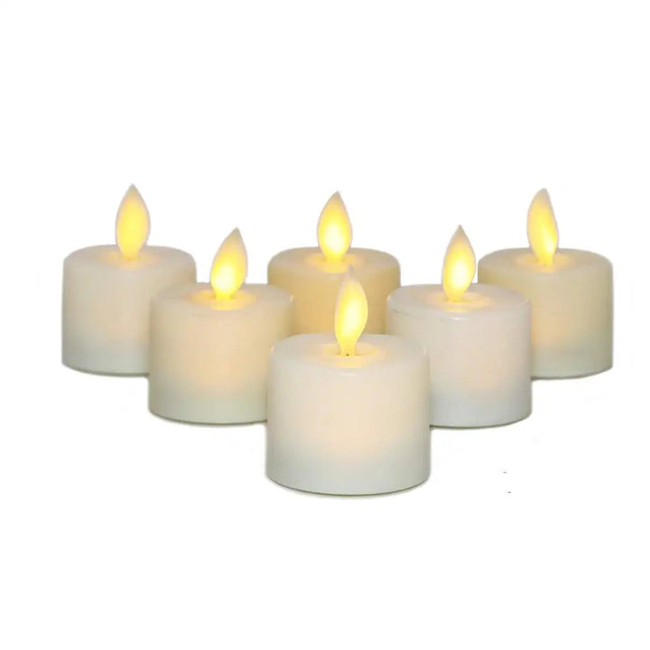 Gruppe batteridrevne LED tealights med varmt lys og bevegelig flamme, ideelt for innendørs bruk.