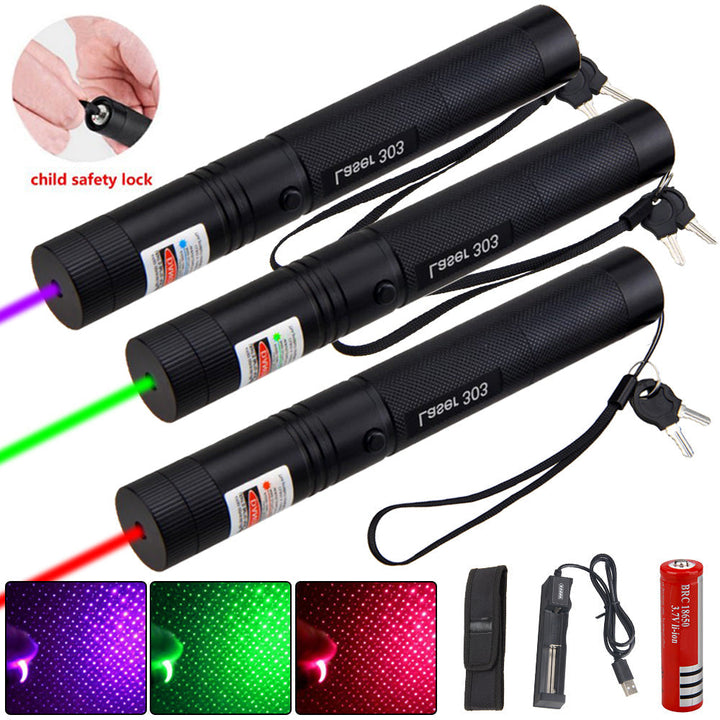 Grønn laserpeker med barnesikring, sikrer trygg bruk. Robust konstruksjon for daglig slitasje.