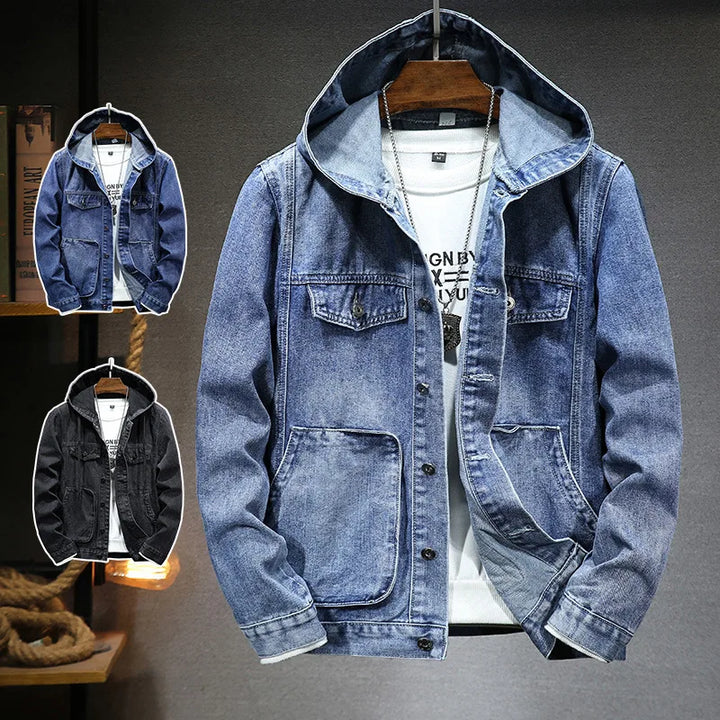 Svart denim hettejakke til herre. Allsidig yttertøy for kjølige vår- og høstdager, klassisk design.