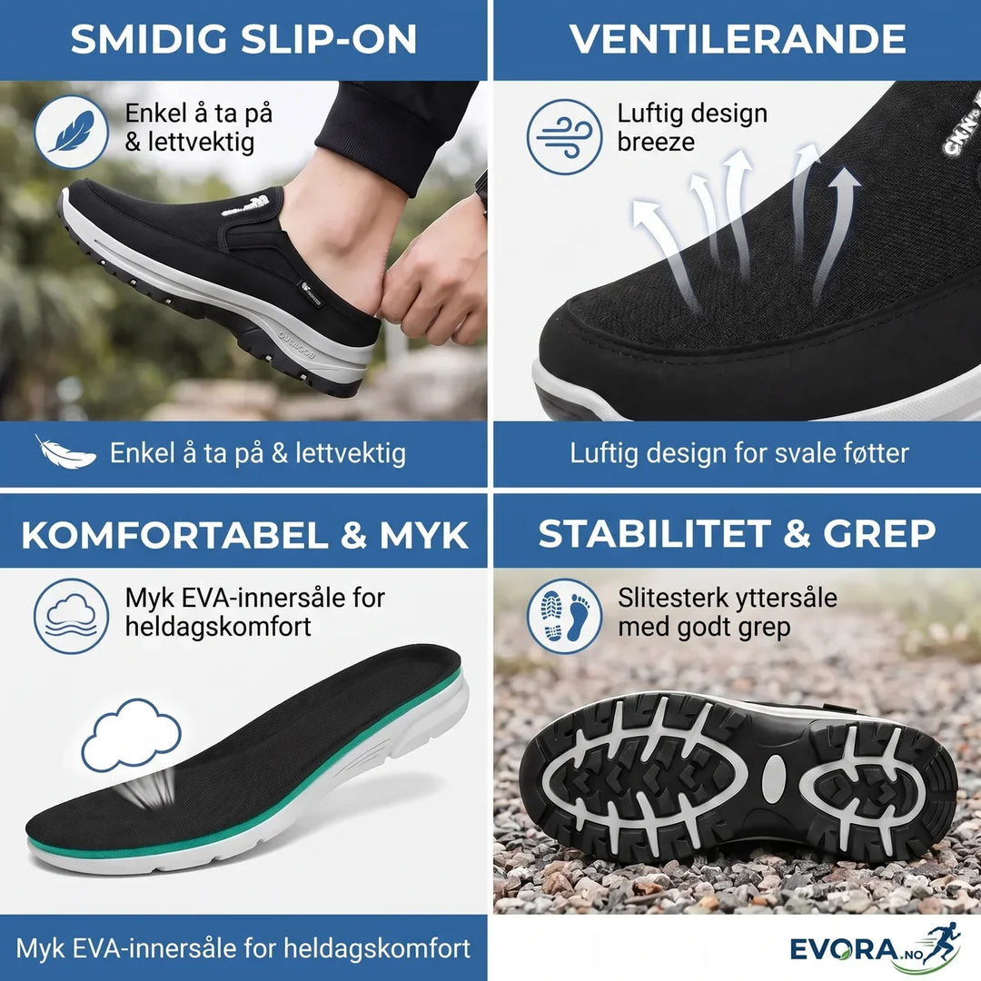 Nærbilde av pustende polyesterstoff på lettvekt herre fritidssko. Gir optimal komfort hele dagen.