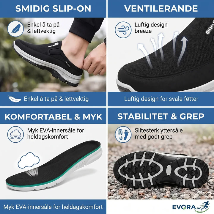 Nærbilde av pustende polyesterstoff på lettvekt herre fritidssko. Gir optimal komfort hele dagen.