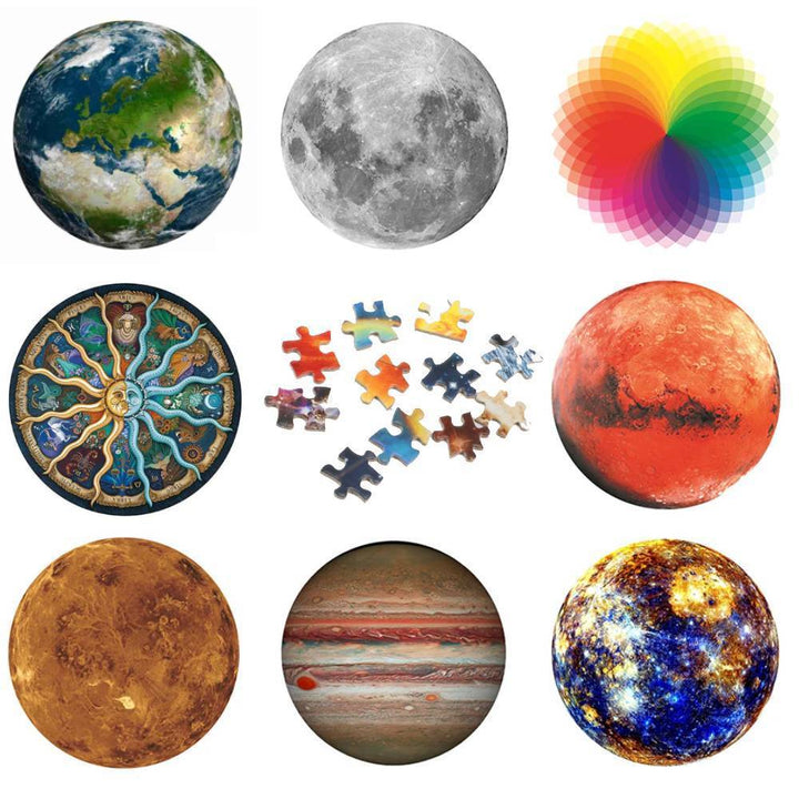 1000-biters rundt puslespill: Månen, Mars, Venus, Jorden. Utforsk verdensrommet med dette unike puslespillet.