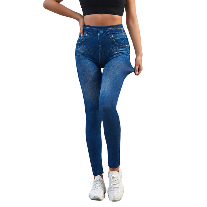 Kvinner jeans-leggings med høymidje for komfortabel passform og slank silhuett.
