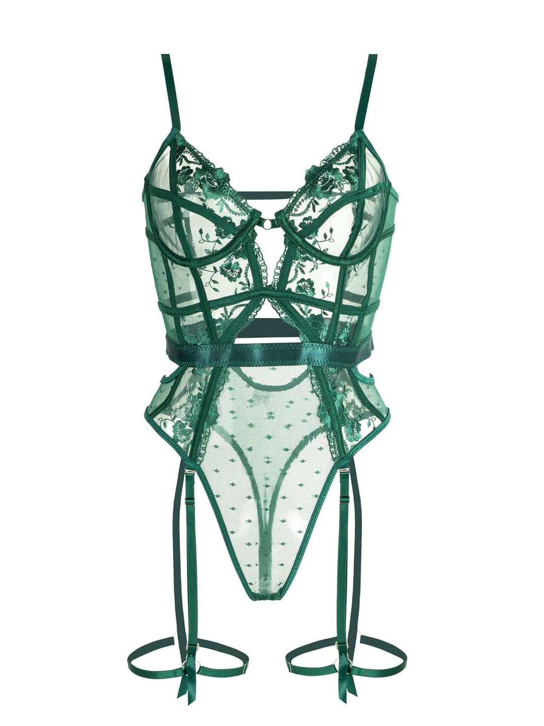 Detaljert grønn blonde bodysuit for kvinner. Elegant undertøy med underwire støtte, ideelt for komfort.