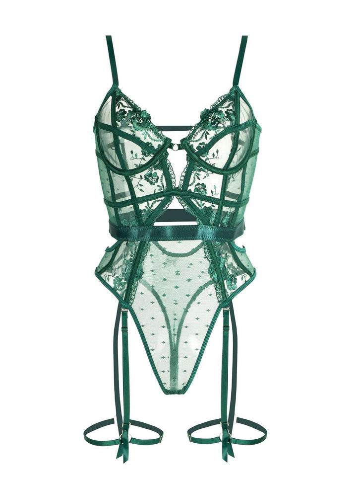 Detaljert grønn blonde bodysuit for kvinner. Elegant undertøy med underwire støtte, ideelt for komfort.