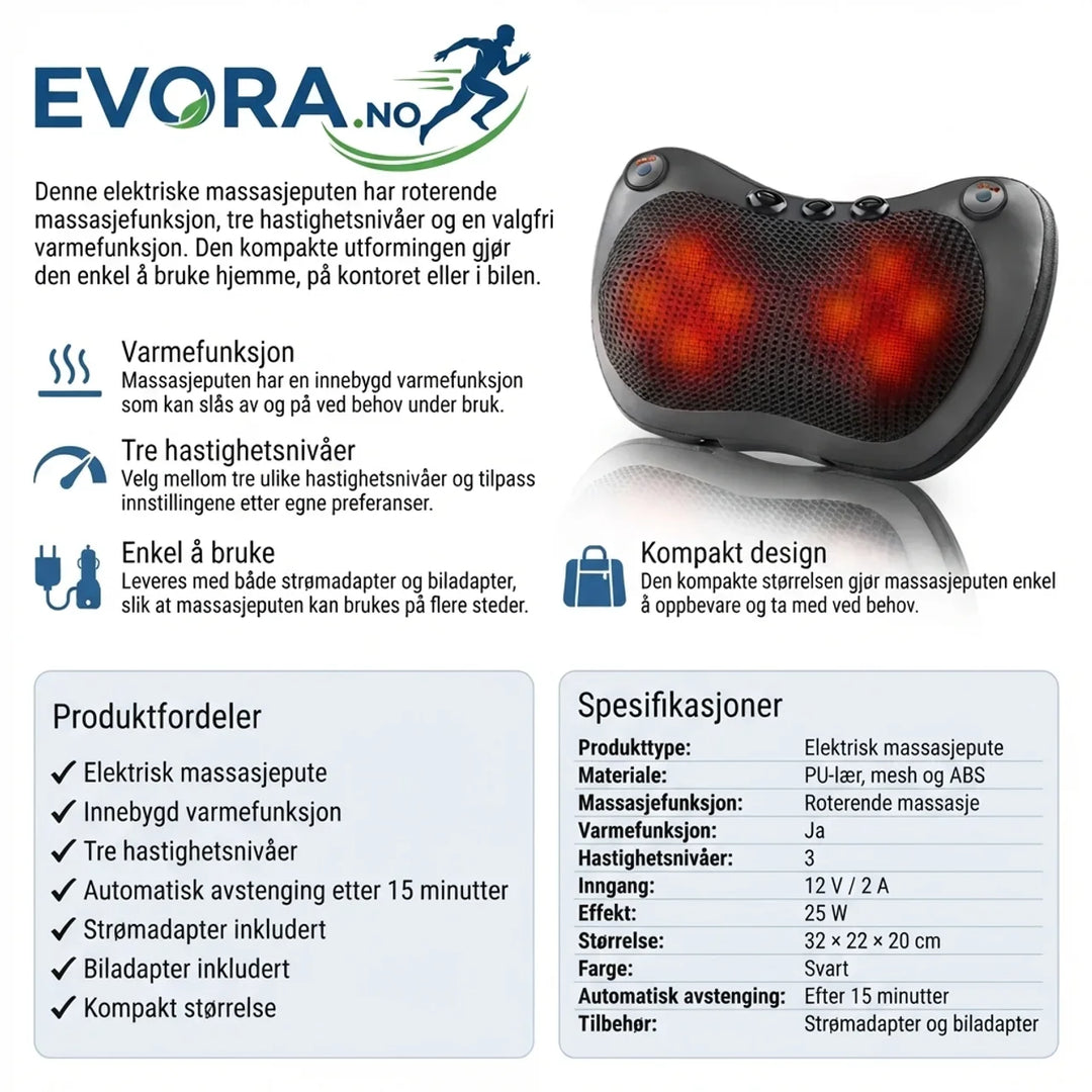 Bærbar elektrisk massasjepute med varme og 3 hastigheter, kompakt design for smertelindring og velvære.
