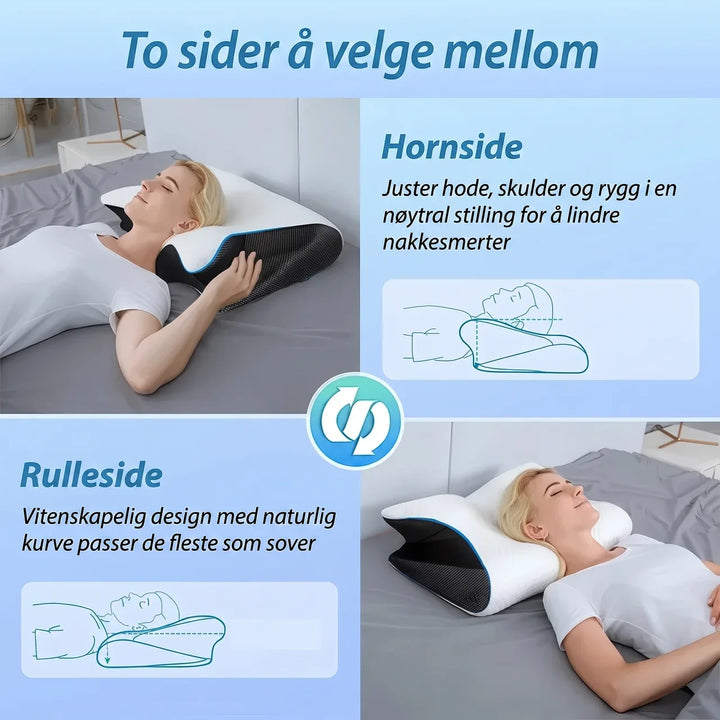 Ergonomisk formet nakkepute i memoryskum som gir suveren støtte for nakke under hvile.