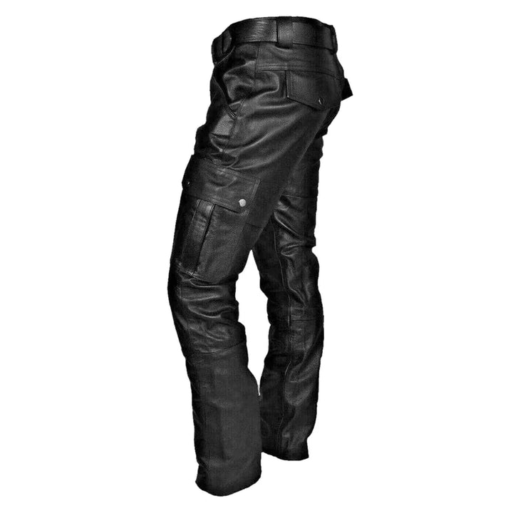 Stilige svarte kunstskinnbukser for menn. Ideelle for rock-inspirert antrekk og streetwear mote.