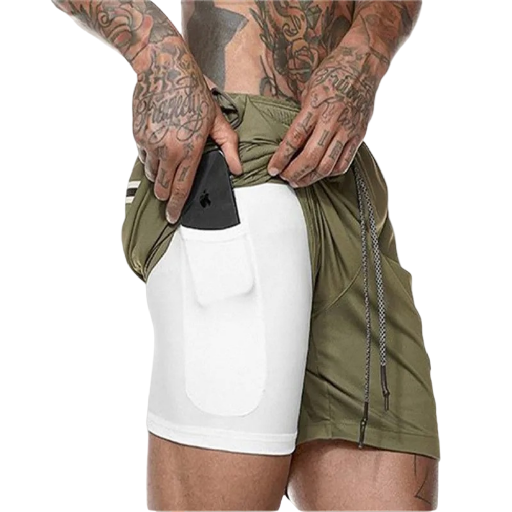 Menns 2-i-1 treningsshorts for optimal komfort og ytelse under aktivitet og løping.
