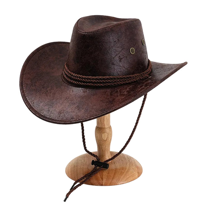 Menns PU-skinn cowboyhatt med bred kant. Ideell for western-stil, temafest og et robust eventyrhodeplagg.