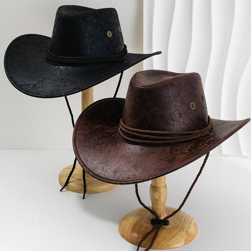 Vintage-inspirert cowboyhatt for menn i PU-skinn. Bred kant gir solbeskyttelse. Perfekt til kostyme og fest.
