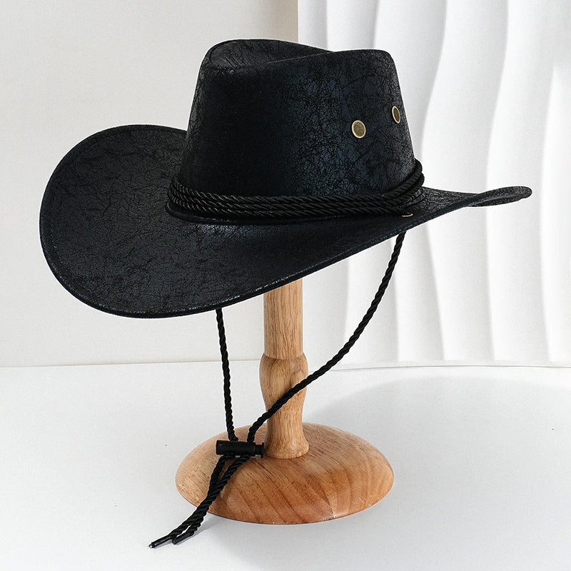 Stilig western cowboyhatt for menn med bred kant. Dette PU-skinn hodeplagget fullfører din cowboy-look.