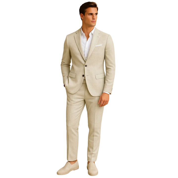 Menns moderne dressett med to knapper. Stilig beige dress for vår og sommer, gir en skreddersydd look.