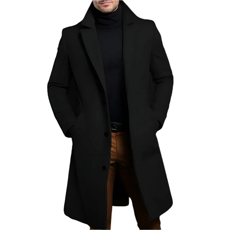 Menns skreddersydd kåpe i elegant ullblanding, perfekt for formelle og uformelle anledninger.