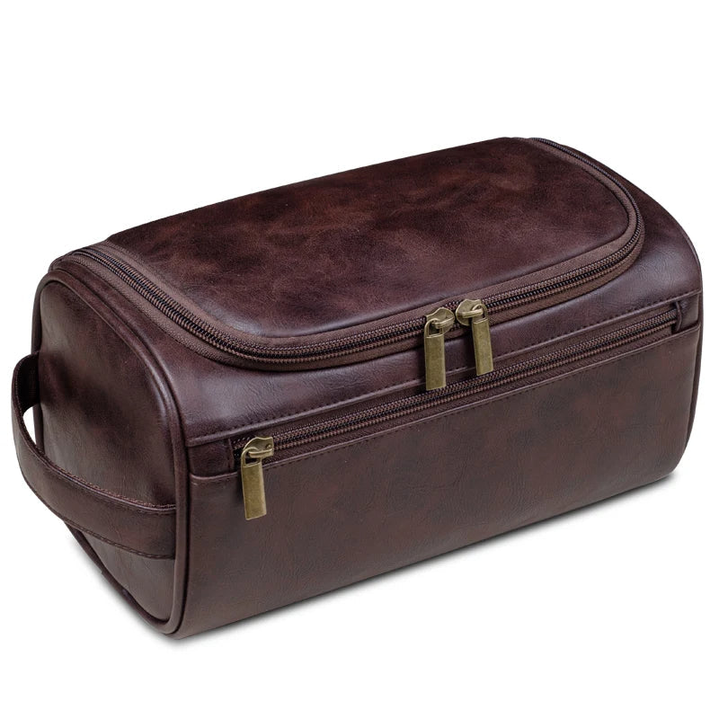 Elegant toalettveske i skinn, vanntett for menn på reise, holder baderomsprodukter trygge.