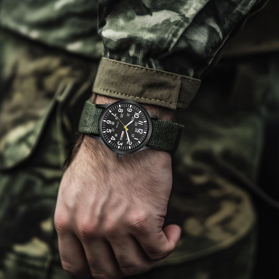 Tøff herreklokke i stål, vanntett og robust for utendørs bruk. Sporty armbåndsur med safirglass.