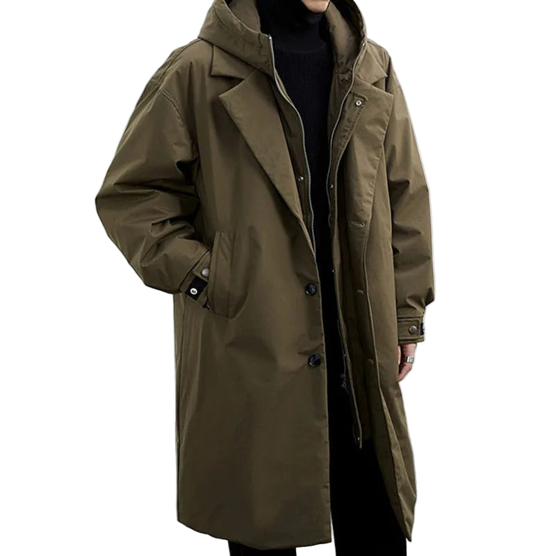 Menns elegant vanntett trenchcoat for vinteren med varm beskyttelse. Perfekt langjakke for herre.