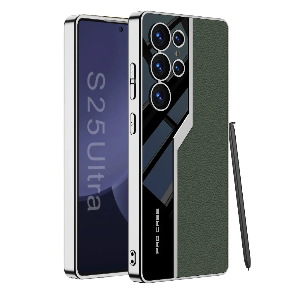Nærbilde av PU-lær tekstur på mobildeksel til Samsung Galaxy S25 Ultra, gir en premium følelse.