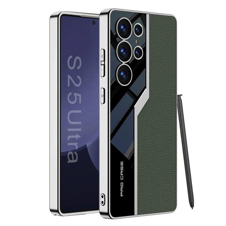 Nærbilde av PU-lær tekstur på mobildeksel til Samsung Galaxy S25 Ultra, gir en premium følelse.