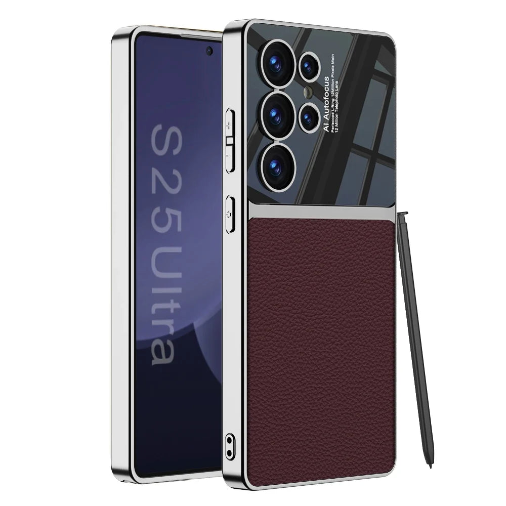 Elegant og støtsikkert mobildeksel i PU-lær for Samsung Galaxy S24/S25 Ultra med stilrent design.