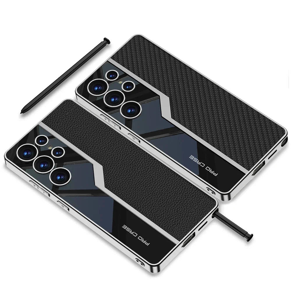 Bakside av mobildeksel til Samsung S24 Ultra, viser tekstur og stilrent design i PU-lær.